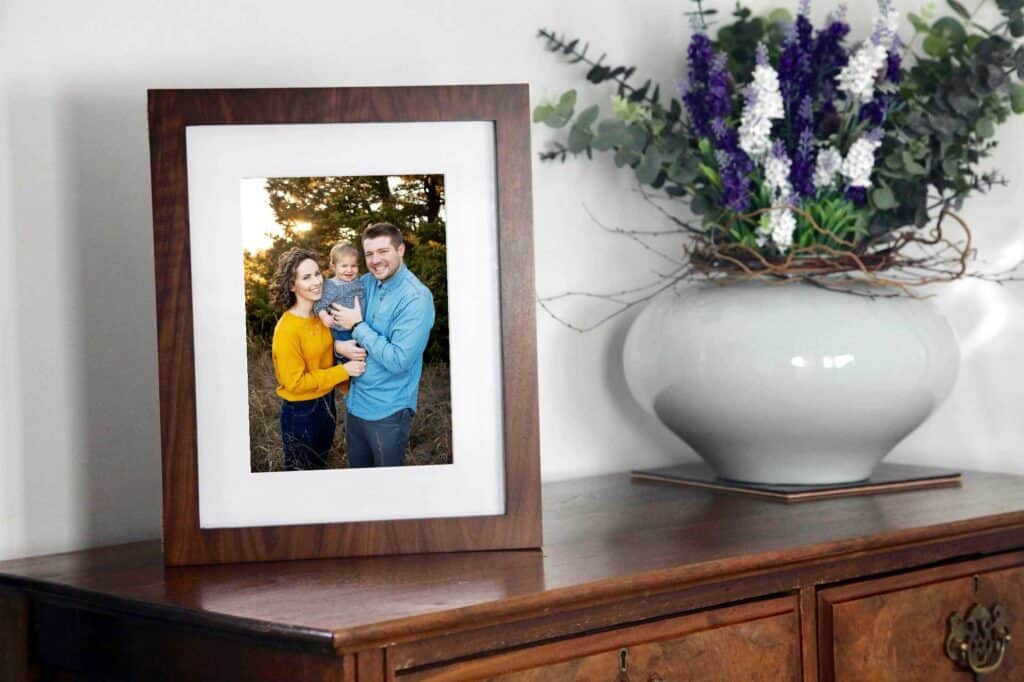 walnut photo display box sitting on table